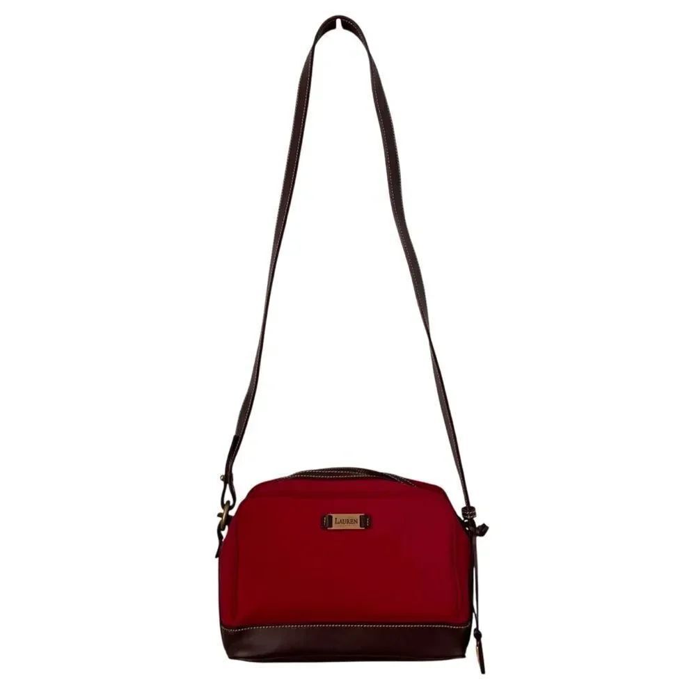 Lauren Ralph Lauren Red Velvet with Brown Trim Shoulder Bag